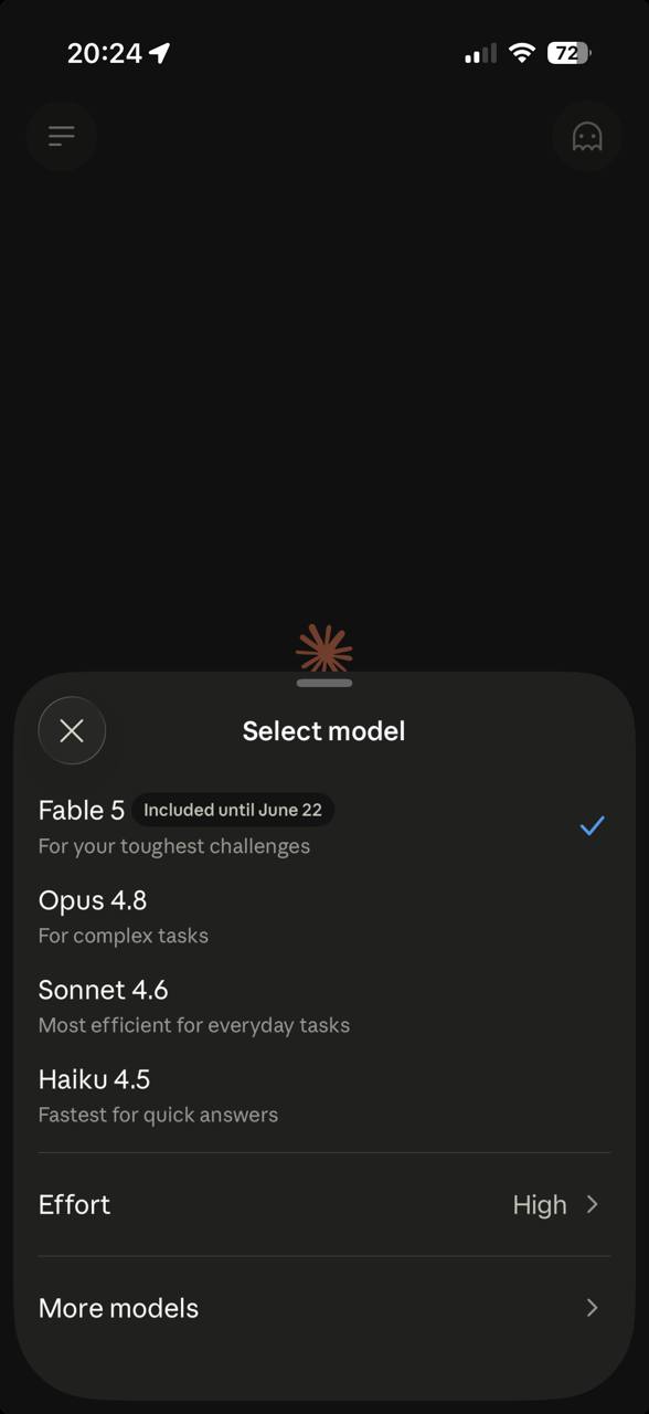 Claude mobile app model selector showing Fable 5 included until June 22